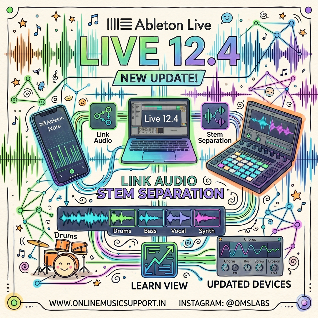A creative doodle-style infographic for Ableton Live 12.4 update by Online Music Support. The artwork features hand-drawn illustrations of a laptop, an Ableton Note smartphone app, and a Push-style controller. Key features highlighted include Link Audio, Stem Separation (with drum, bass, vocal, and synth icons), Learn View, and Updated Devices. The footer includes www.OnlineMusicSupport.in and Instagram @omslabs.